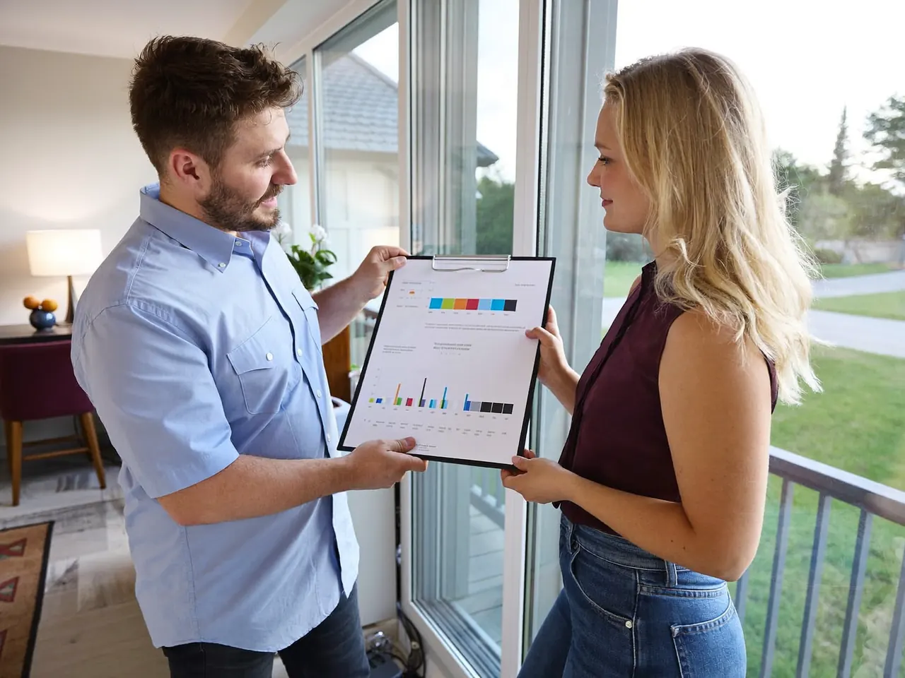 Installer showing a homeowner an energy rating chart while comparing window options