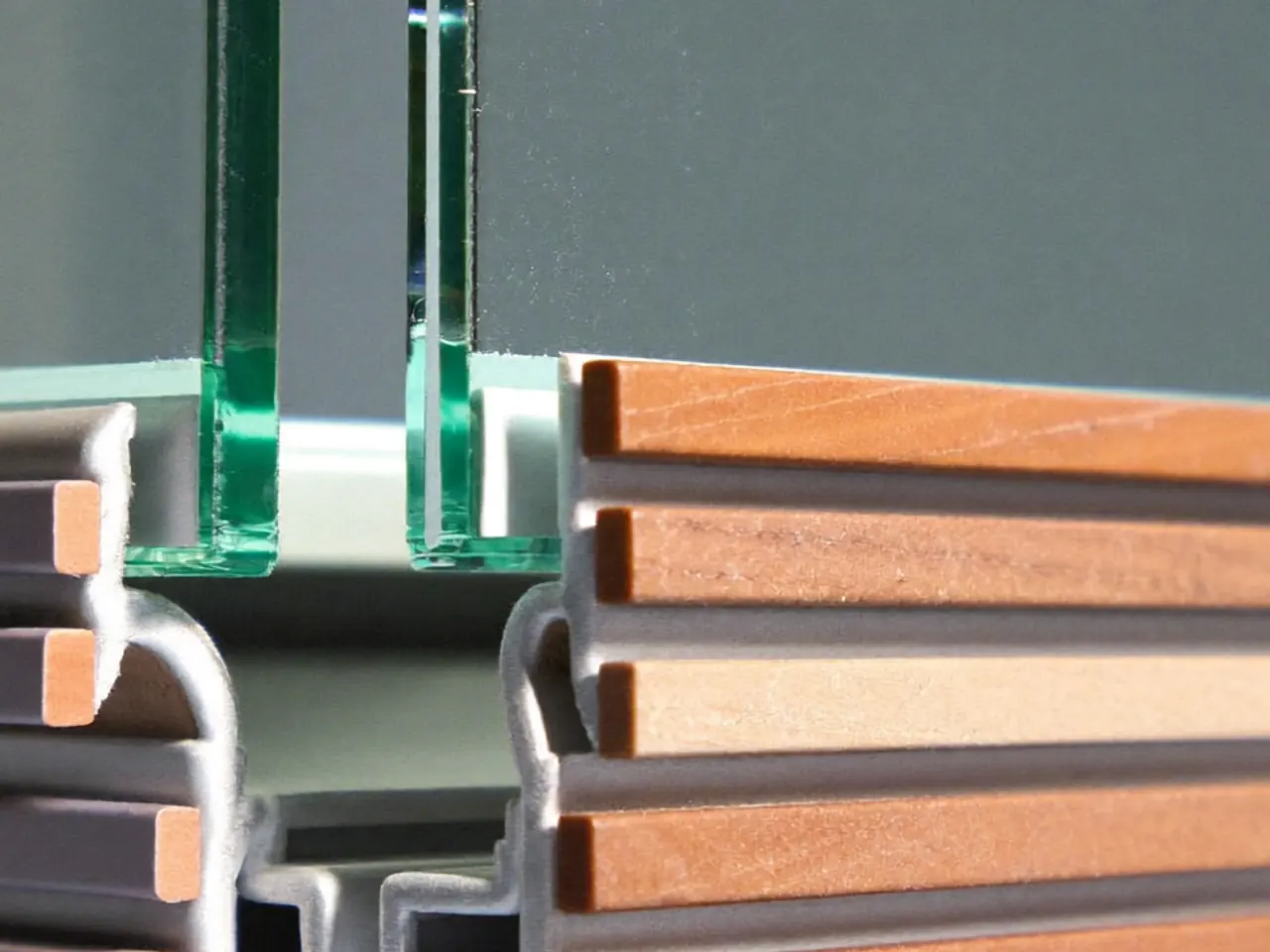 Detail of a coated Low-E glass pane with a faint reflective tint against daylight