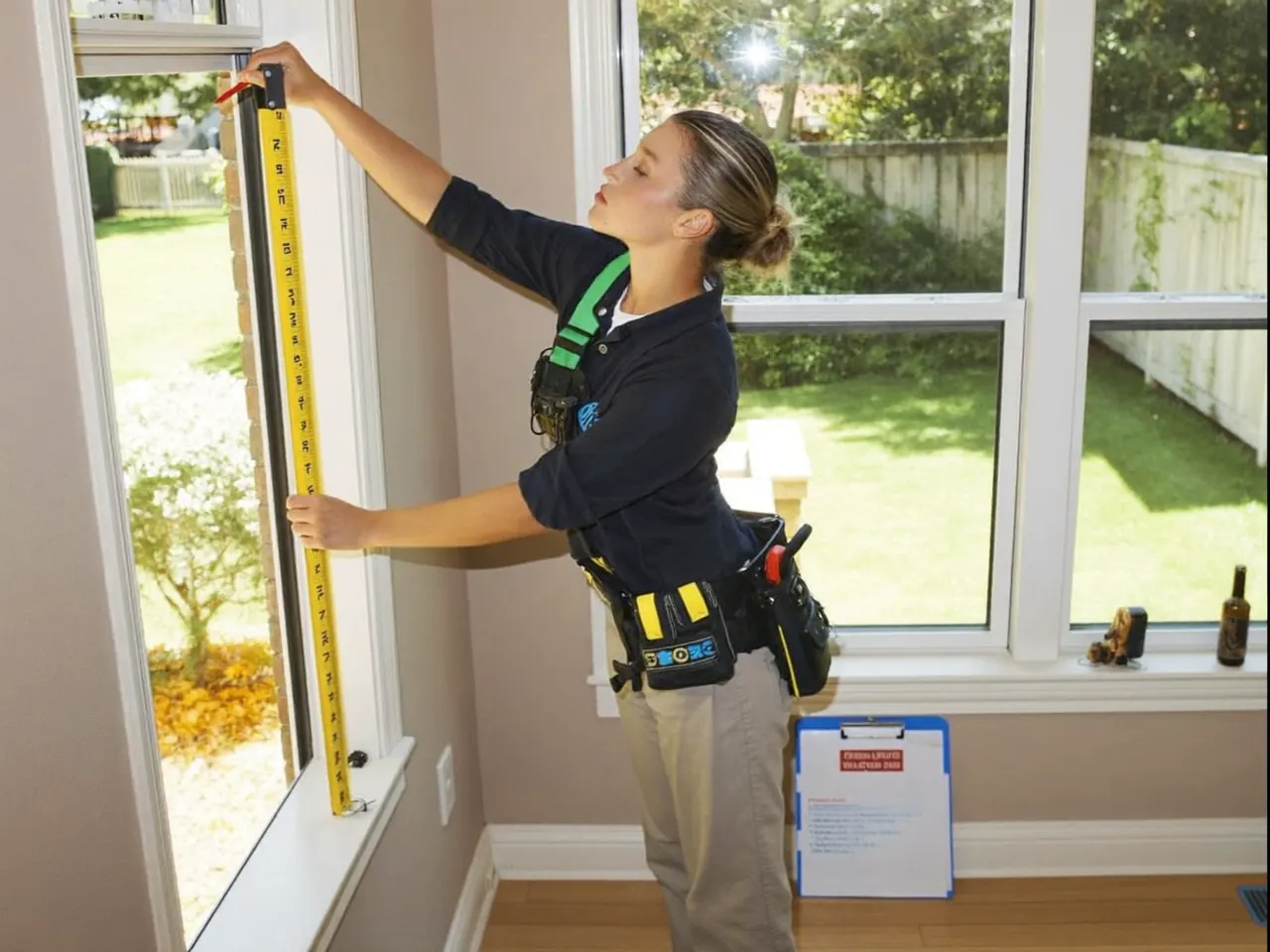 Surveyor measuring a window reveal with a tape measure during a home assessment