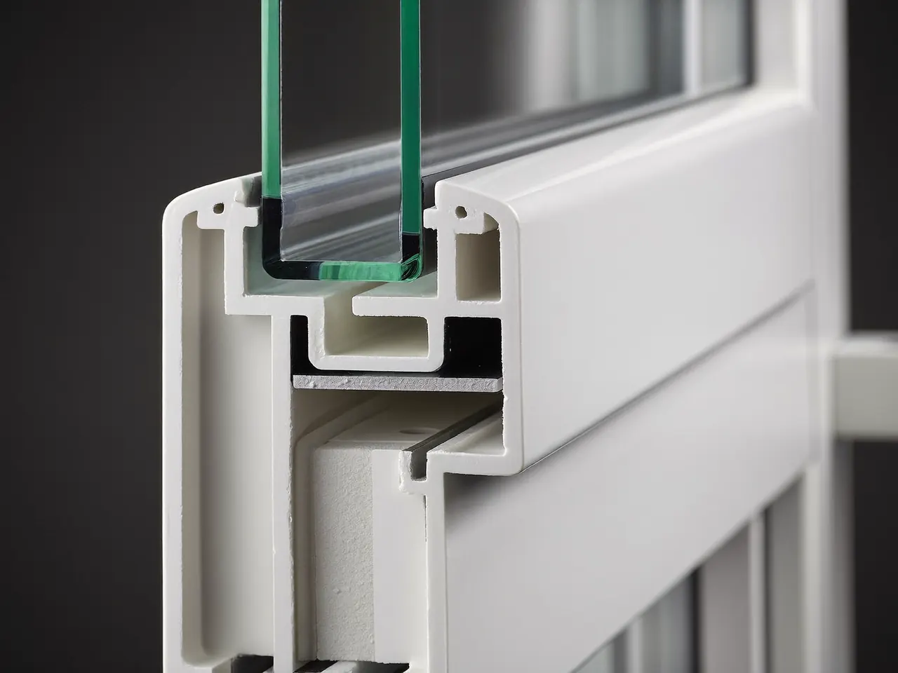 Cut-through of a multi-chamber uPVC window frame showing insulating air pockets